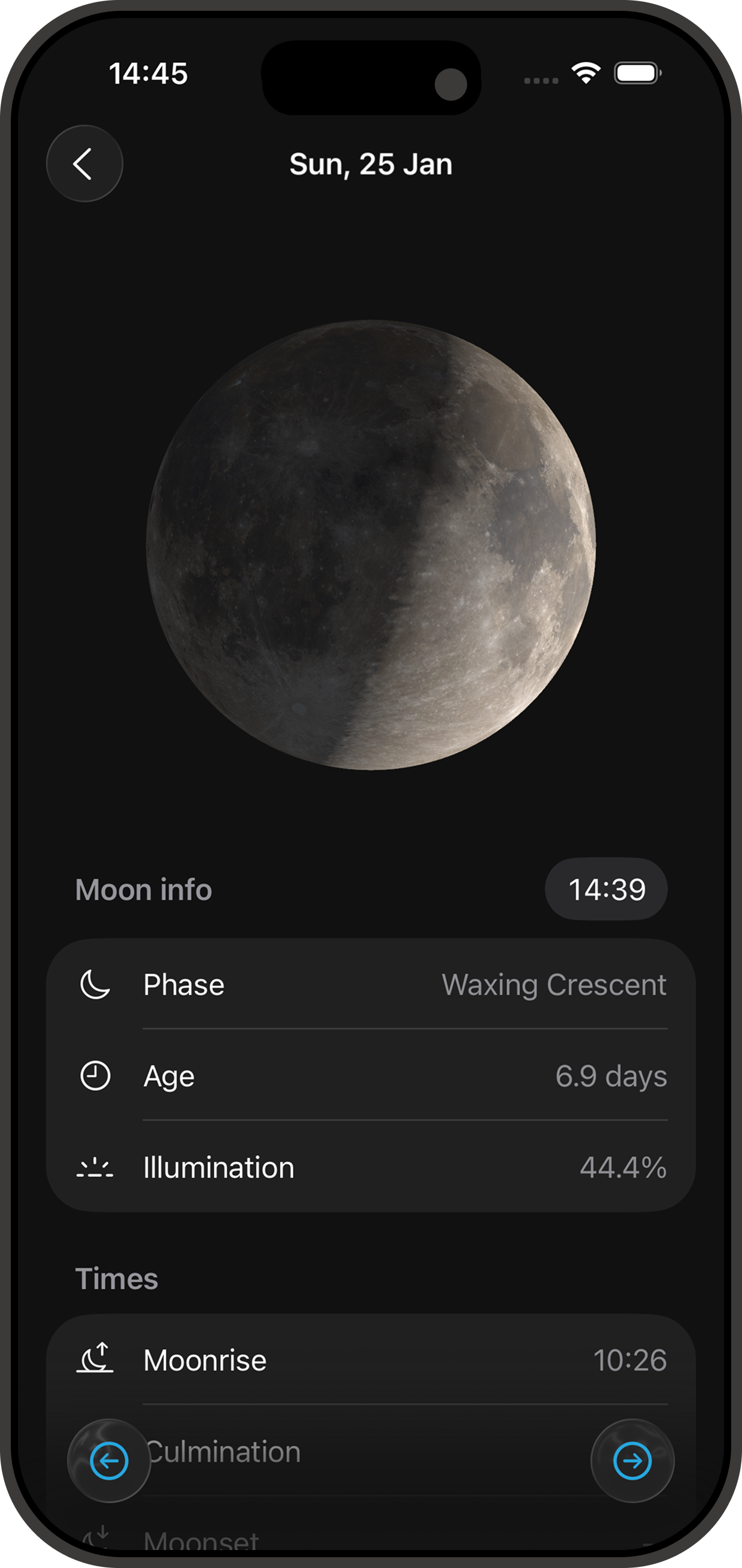 Aplikace Hey Moon - Detaily Fází Měsíce